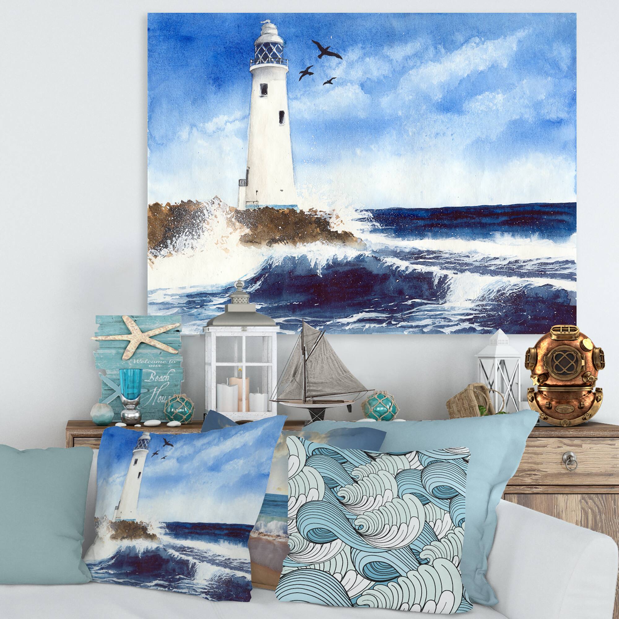 Designart - Lighthouse On The Rocky Island With Seagulls
